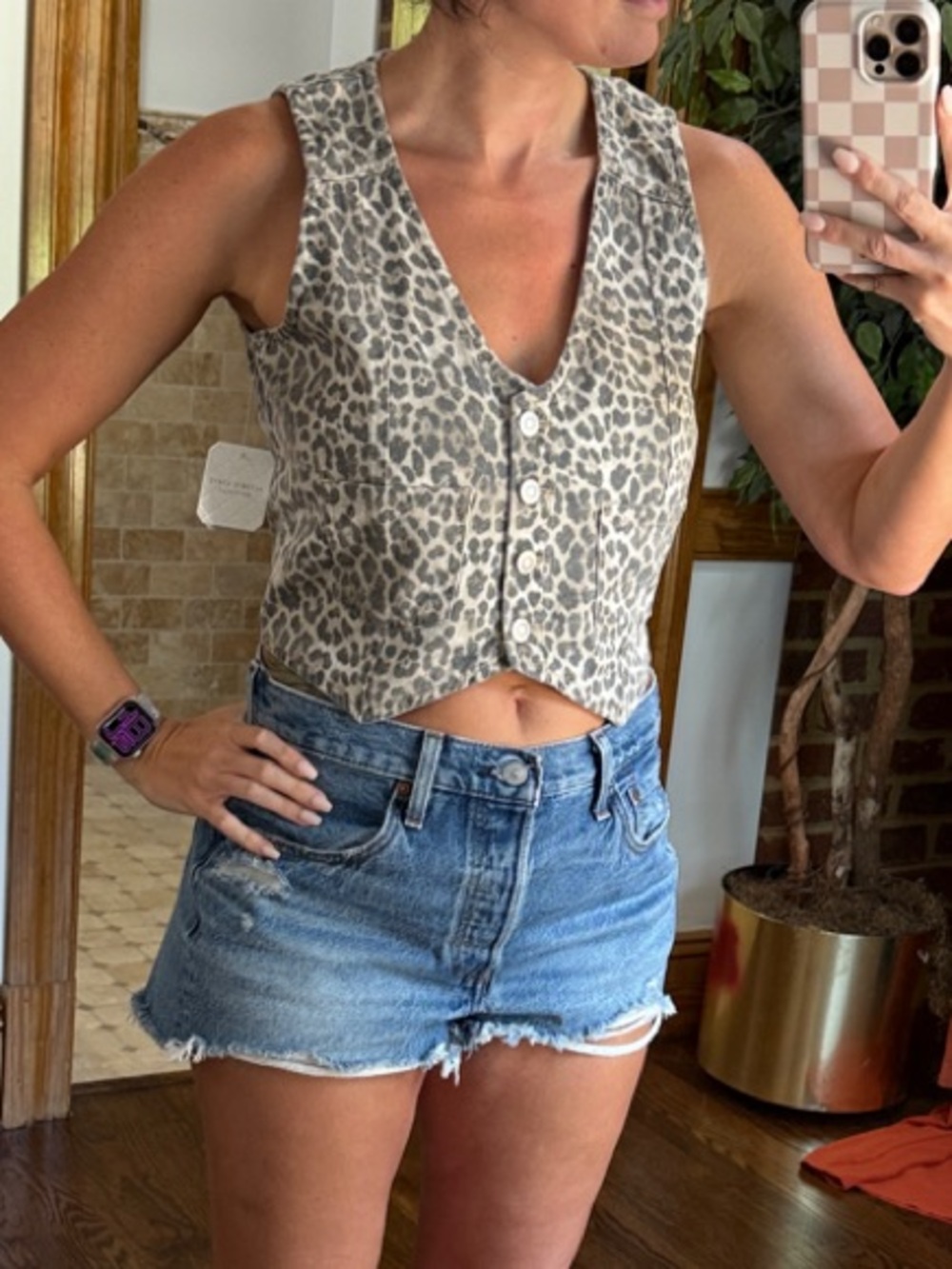 Altar'd State Beige & Gray Leopard Print Cropped Vest